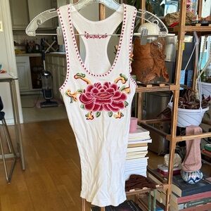 White Tank Top with magenta Floral Embroidery